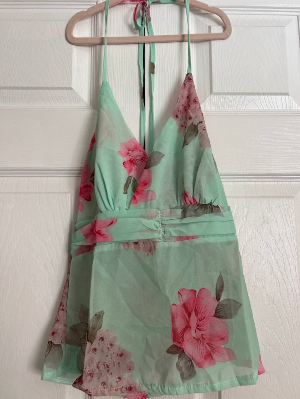 Y2K Floral Halter Top Mint Green Pink Flowers Tie Straps Size S